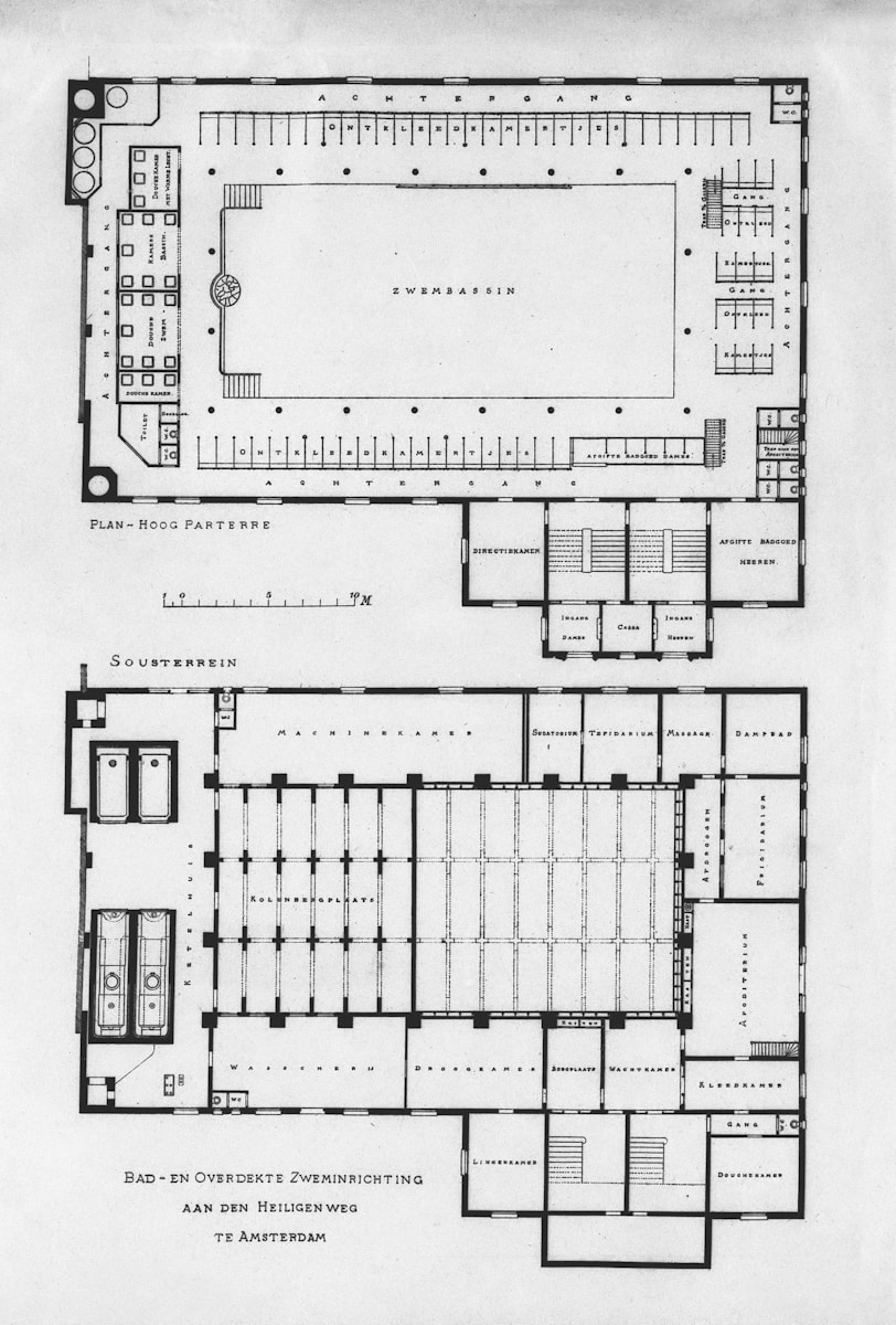 A plan of a building with a swimming pool